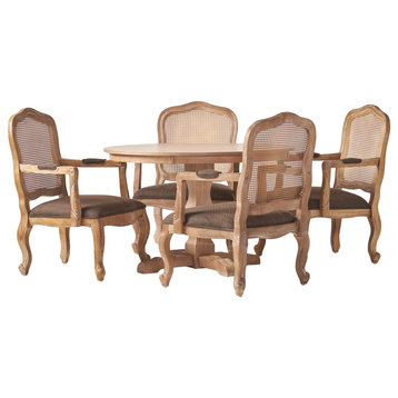 Absaroka French Country Fabric Wood and Cane 5-Piece Dining Set, Natural/Brown