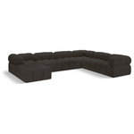 Meridian Furniture - Ames Boucle Fabric U-Shaped Modular Sectional, Brown, 7-Piece: 3 Armless Chair, 3 Corner Chair, 1 Ottoman - Introduce a touch of modern sophistication to your living area with the exquisite Ames Boucle Fabric Sectional. With plush brown boucle fabric and unique design, it will elevate the visual appeal of your living space. This elegant and captivating sectional can be mixed and matched with other pieces from the collection to create an endless array of stunning looks. So, get ready to transform your living area into an inviting and stylish haven with the Ames Boucle Fabric Sectional.