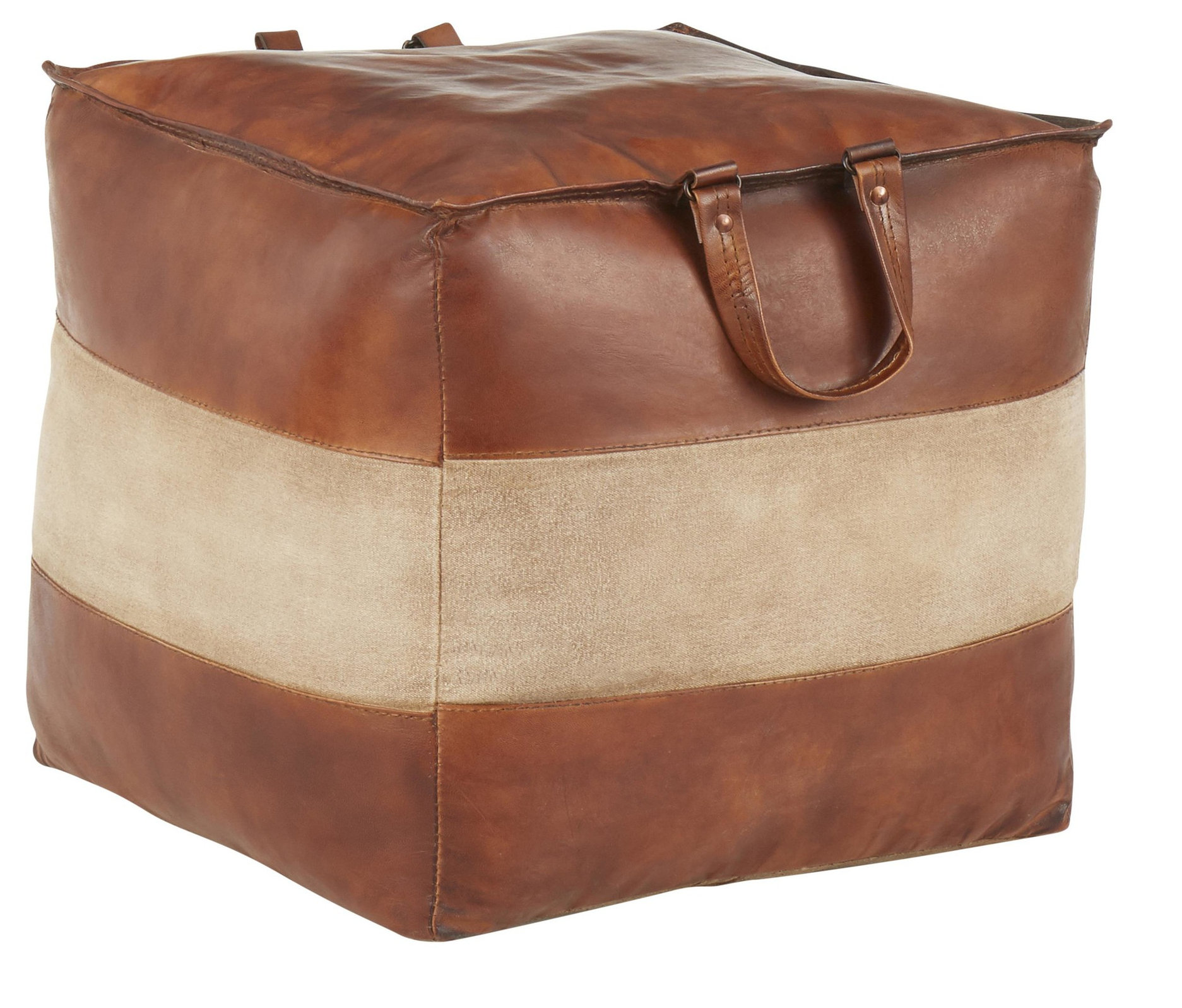 Cobbler Pouf, Brown Leather, Tan Canvas