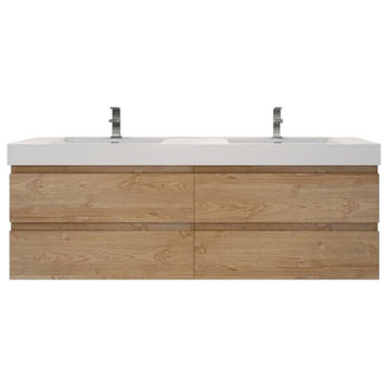 72" Double Sink Wall Mount Vanity, Reinforced Acrylic Sink, New England Oak