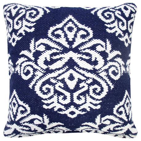 Traditional Decorative Damask Throw Pillow, Navy