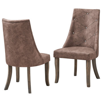 Crystal Tufted Dining Side Chairs, Dark Brown Fabric and Gray Wood, Set of 2