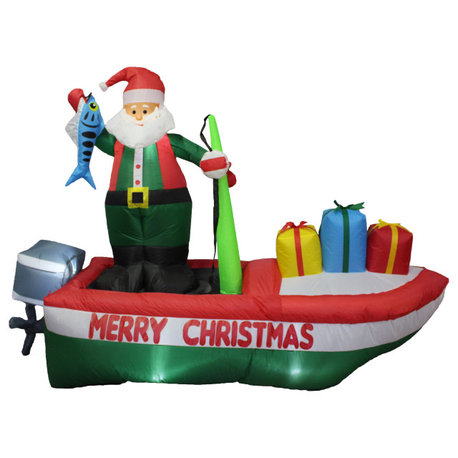 Long Christmas Inflatable Santa Claus Fishing on Boat, 8'