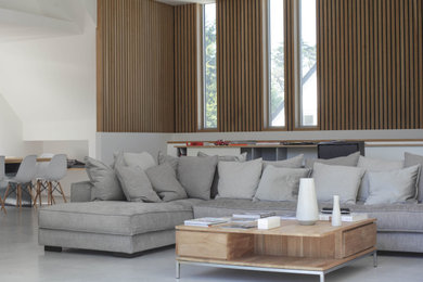 Idée de décoration pour un grand salon design en bois ouvert avec un mur blanc, sol en béton ciré et un sol gris.
