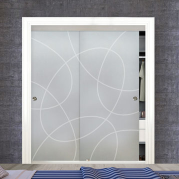 Frameless 2 Leaf Sliding Closet Bypass Glass Door, Geometric Design., 72"x96", Full-Private
