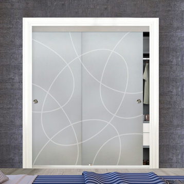 Frameless 2 Leaf Sliding Closet Bypass Glass Door, Geometric Design., 72"x96" In