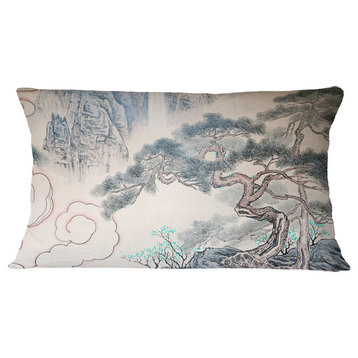 Chinese Blue Tree Art Floral Painting Throw Pillow, 12"x20"
