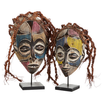 Set of 2 Multi-Colored Barkcloth & Baobab Wood Chokwe Mask with Long Rope Hair