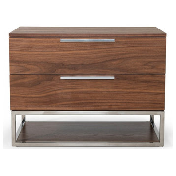 Contemporary Walnut and Stainless Steel Nightstand With Two Drawers