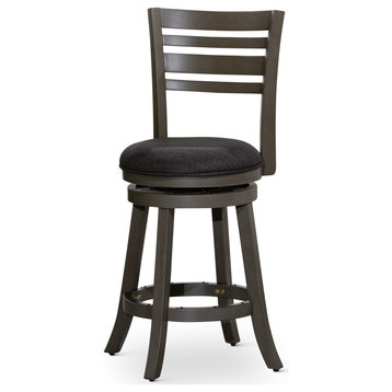 DTY Indoor Living Granby Slat Back Swivel Stool, 24" Counter Stool, Weathered Gray, Charcoal Fabric