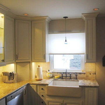 Farmhouse sink with bridge faucet for cottage look in this historic home