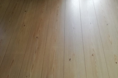 Imagen de salón nórdico de tamaño medio con suelo laminado y suelo beige