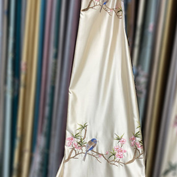 QYHL226G Silver Beach Embroidered Birds Faux Silk Custom Made Curtains For Large