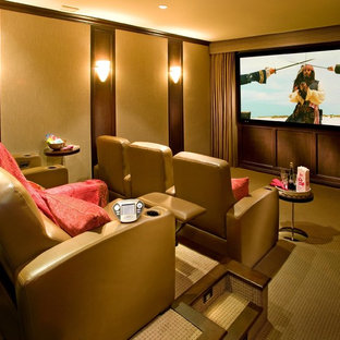 Inspiration for a medium sized mediterranean enclosed home cinema in Los Angeles with beige walls, carpet, a projector screen and yellow floors.