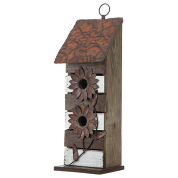 14.5"H Brown/White Two-Tiered Distressed Solid Wood Birdhouse