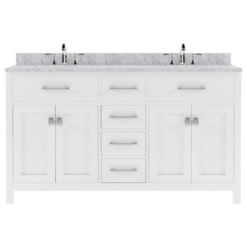 Caroline 60" Double Bath Vanity, White, White Marble Top and Square Sinks