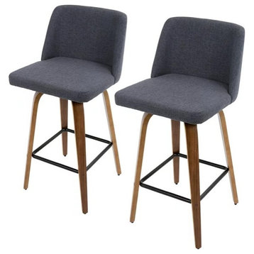 Set of 2 Mid Century Counter Stool, Bentwood Legs With Cushioned Seat, Blue
