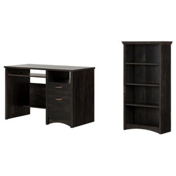 South Shore Gascony Desk and 4-Shelf Bookcase Set in Rubbed Black Finish
