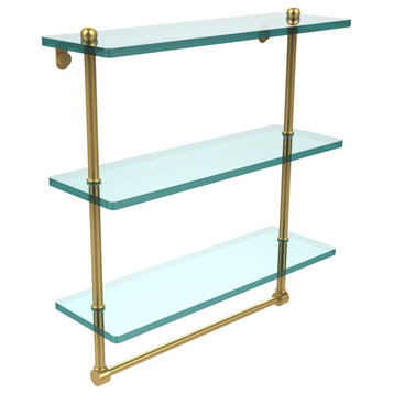 16" Triple Tiered Glass Shelf with Integrated Towel Bar, Polished Brass