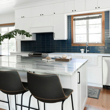 White Kitchen with Stacked Navy Brick Backsplash