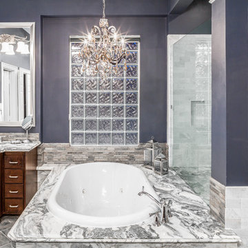 Houston Bathroom Remodeling with Marble Tub Surround, Glass Shower & Bold Colors