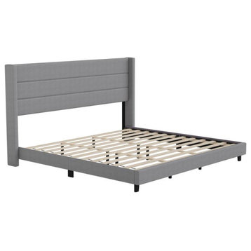 Hollis Upholstered Platform Bed with Wingback Headboard w/Mattress Foundation, Gray, King