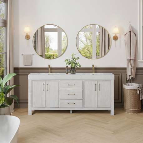 Leon Bath Vanity With Composite Stone Top, Washed White, 72", No Mirror