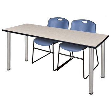 66"x24" Kee Training Table, Maple/ Chrome and 2 Zeng Stack Chairs, Blue