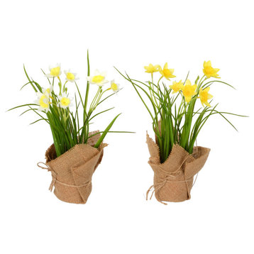 10" Yellow Daffodil Burlap Pot 2/Set