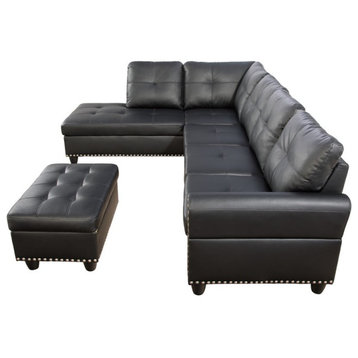Devion Furniture Faux Leather Sectional Sofa with Ottoman-Black