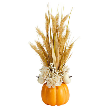 21" Autumn Dried Wheat & Pumpkin Faux Fall Arrangement, Decorative Pumpkin Vase