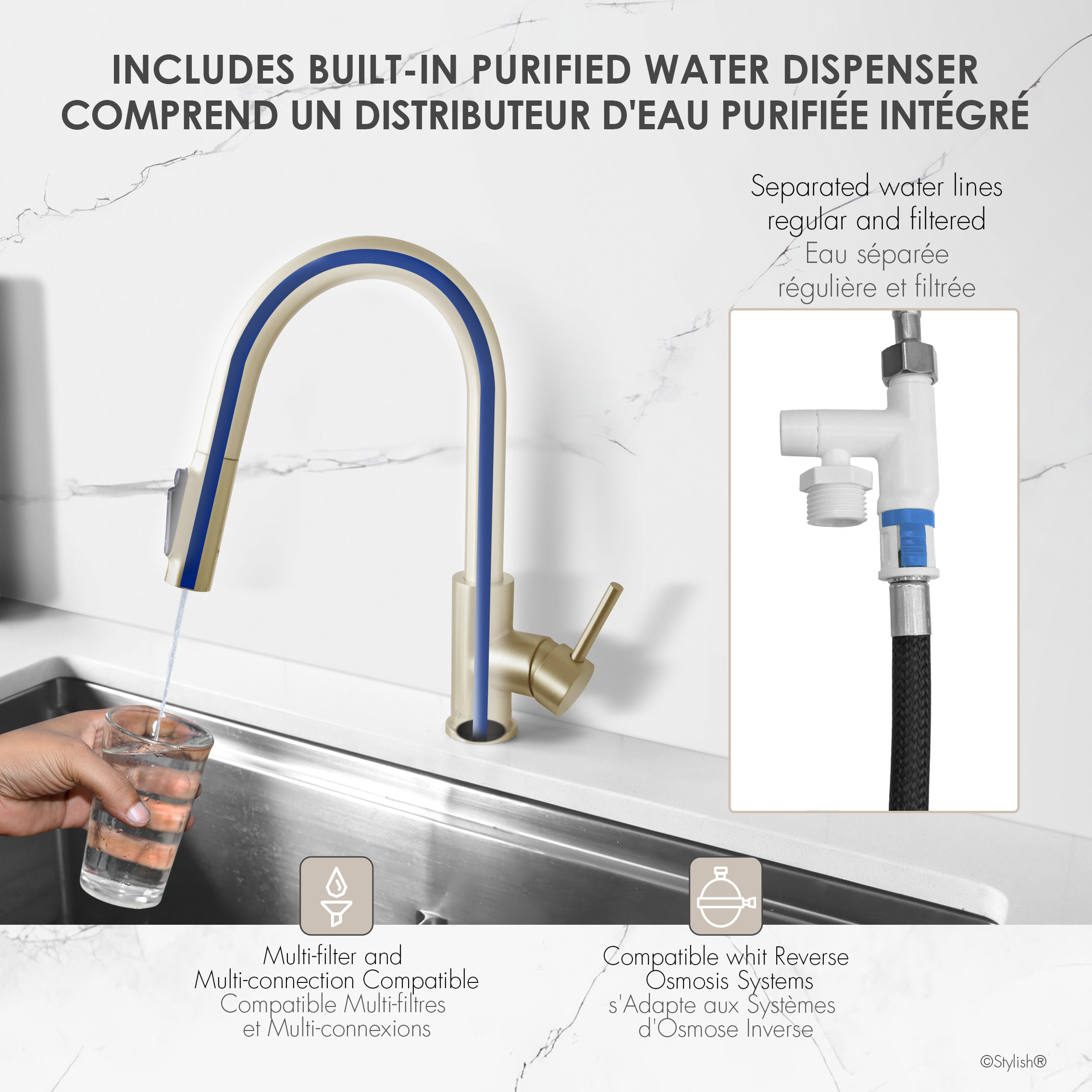 Single Handle Pull Down Kitchen Faucet With Reversible Osmosis, Brushed Gold