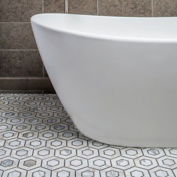 Brown Subway Brick Walls, Marble Hexagon Floor Mosaic Bathroom