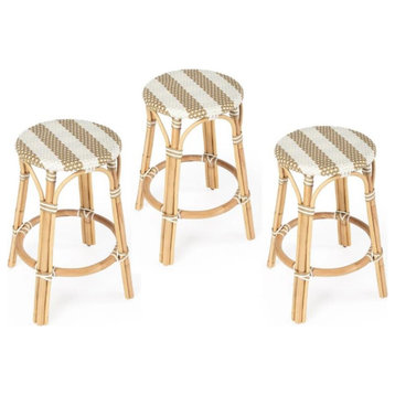 Home Square 3 Piece Rattan Counter Stool Set in Beige & White