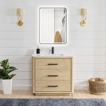 Vinnova Inc - Porto Bath Vanity with White Quartz Stone Top, Natural Oak, 36 in., With Mirror - Transform your bathroom into a haven of style and sophistication with our Porto Series Freestanding Bathroom Vanity a piece that embodies fine craftsmanship and everyday practicality. This exquisite vanity combines the textured warmth and elegance of solid oak with pristine white quartz, resulting in a look that's both inviting and visually captivating. Deep dovetail drawers with partitions allow you to keep your essentials concealed and organized.