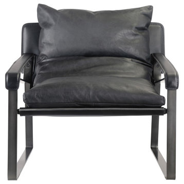 Connor Onyx Black Top Grain Leather Slipper Chair Metal Frame