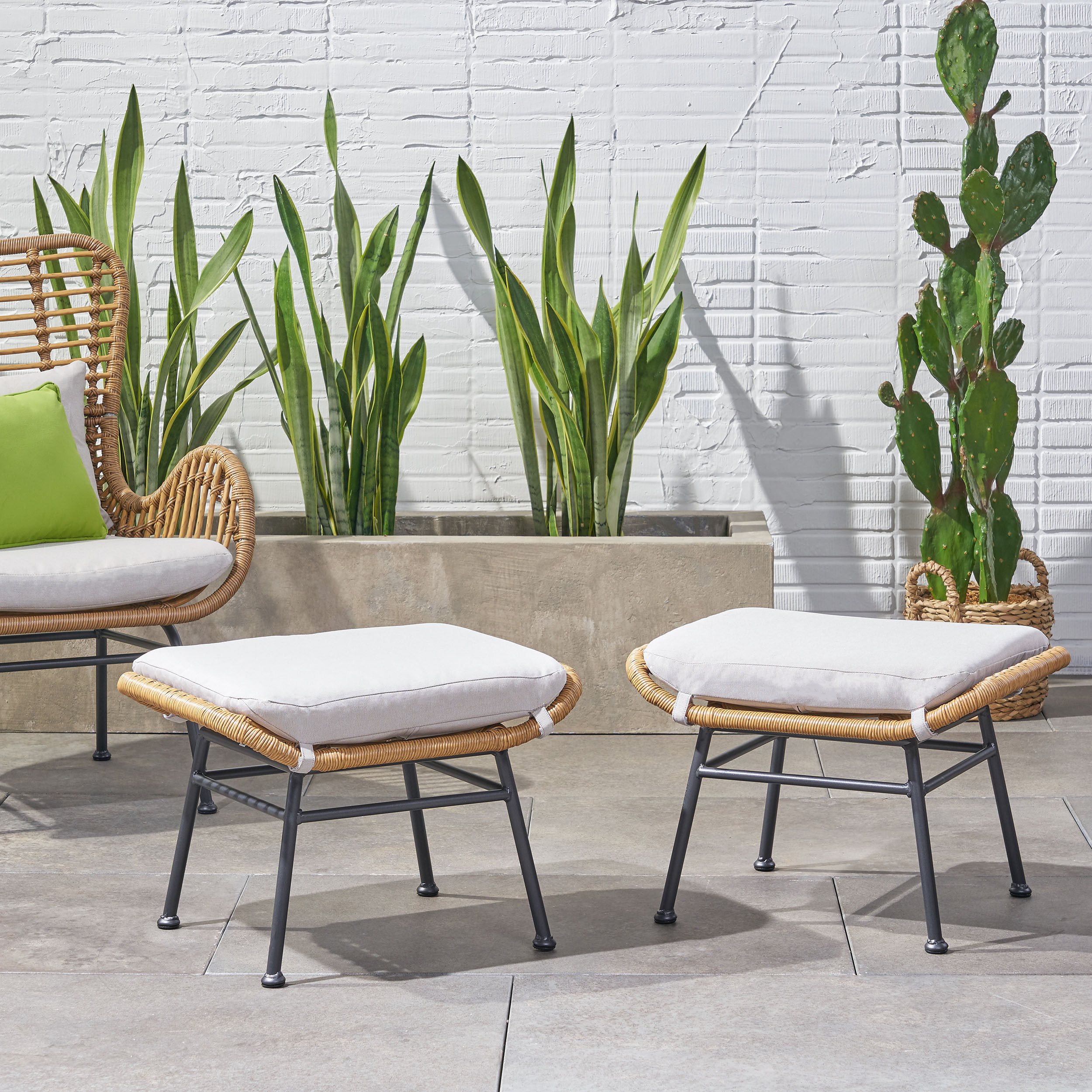 Gloria Outdoor Modern Boho Wicker Ottoman, Set of 2 - Tropical ...