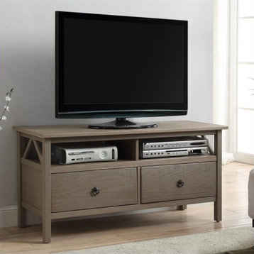 Linon Titian Pine Wood TV Media Stand Open Shelves 2 Drawers in Driftwood Finish