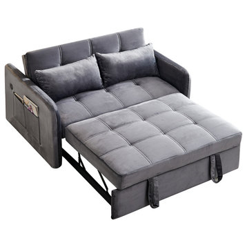 TATEUS 55.5" Twins Pull Out Sofa Bed Velvet for Small Room Grey