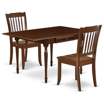 3 Piece Dining Set, Drop Leaves Table and Chairs With Slatted Back, Mahogany