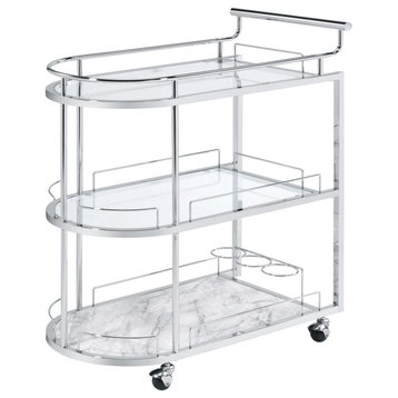 Benzara BM251324 Serving Cart With Oval Shape and Metal Bar Handle, Silver