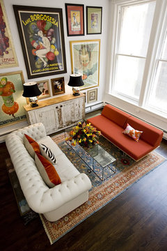 Greys with Splashes of Lemon Yellow make this family room comfy and warm