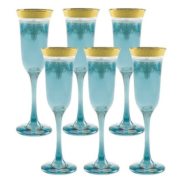 Blue Flutes Set of 6 with Gold Band