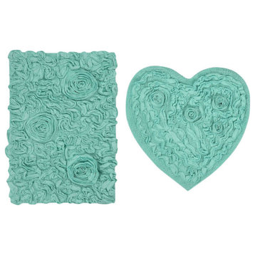 Bell Flower Collection Tufted Bath Rug, 2-Piece Set, Turquoise