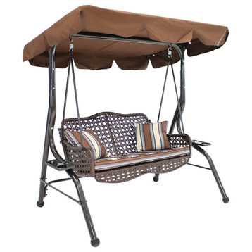 Sunnydaze 2-Seater Rattan Patio Swing with Striped Pillows and Cushion - Brown