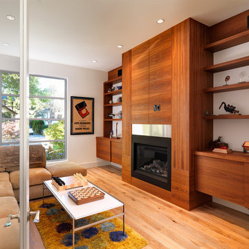 Modern Teak Family Room Fireplace