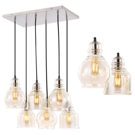 Sydney 18.88" 6-Light Farmhouse Iron/Glass Cluster LED Pendant, Nickel/Champagne