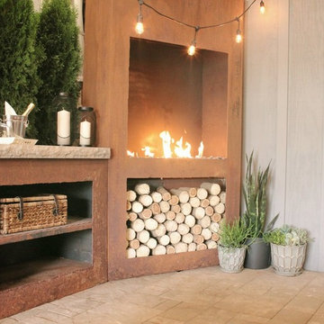 Steel Upright Fireplace with Concrete and Steel Counter