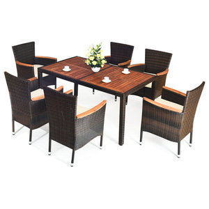 Costway 7PCS Patio Rattan Dining Set 6 Stackable Chairs Cushioned -  Tropical - Outdoor Dining Sets - by Goplus Corp | Houzz