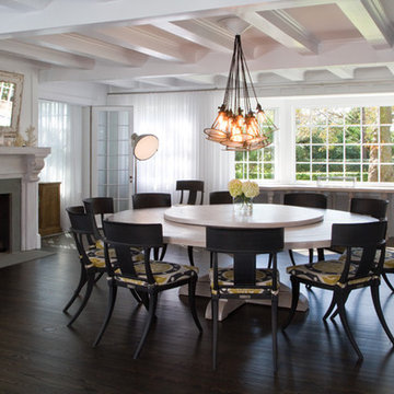 Custom Headlamp Chandelier & Custom Whitewashed Round Dining Table & Lazy Susan